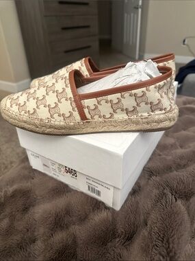 Celine Beige Canvas Logo Espadrilles with Brown Trim